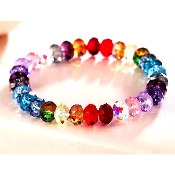 New! Mulitcolor Faceted Crystal Glass Beaded Bracelet Beautiful! - Picture 1 of 4
